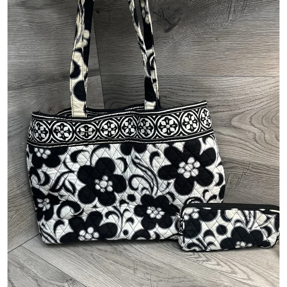 White With Black Floral Handbag By Vera Bradley With Wristlet Cosmetic Bag